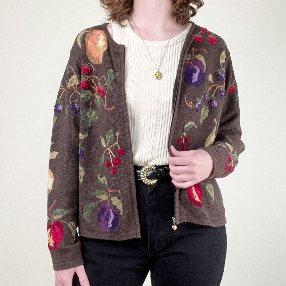 Vintage Novelty Knit Fruit Cardigan Sweater Silk Cotton Whimsical Cottagecore - Picture 5 of 14